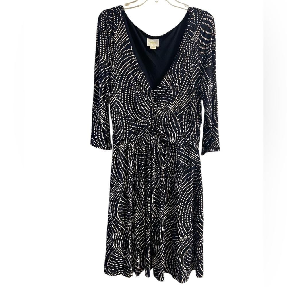 Anthropologie Maeve‎ A line motif ruched polka dot dress black white XLarge